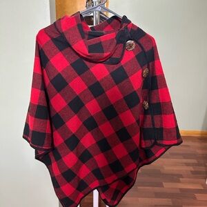 Red and Black Plaid Poncho with Button Accents